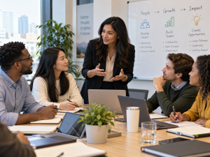 Young professionals developing workplace skills through mentorship and team collaboration.